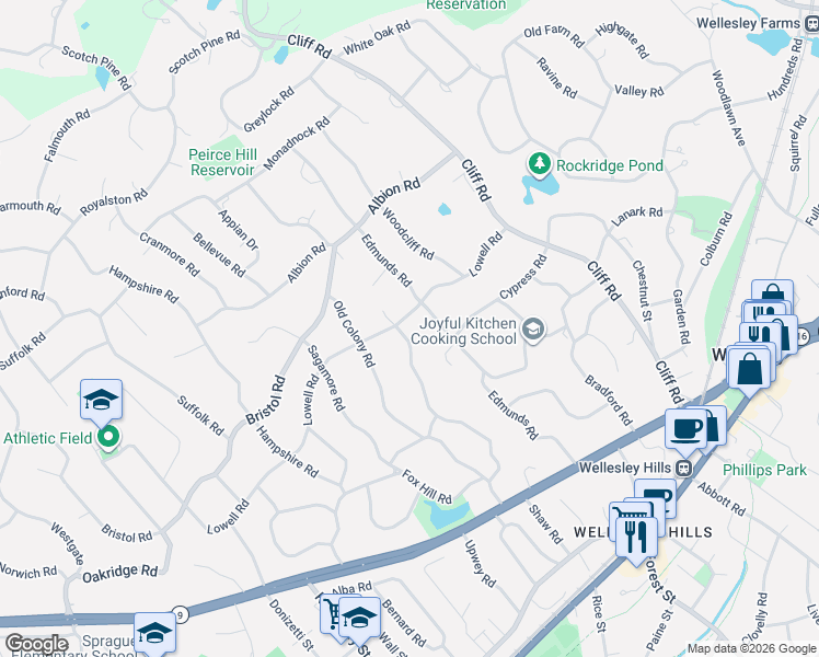 map of restaurants, bars, coffee shops, grocery stores, and more near 106 Edmunds Road in Wellesley