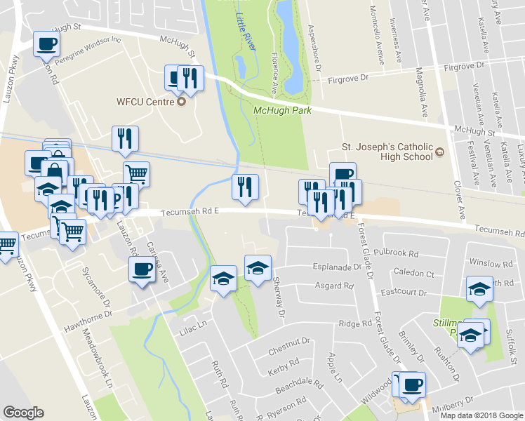 map of restaurants, bars, coffee shops, grocery stores, and more near 9550 Tecumseh Road East in Windsor