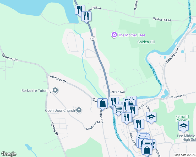 map of restaurants, bars, coffee shops, grocery stores, and more near 195 Laurel Street in Lee