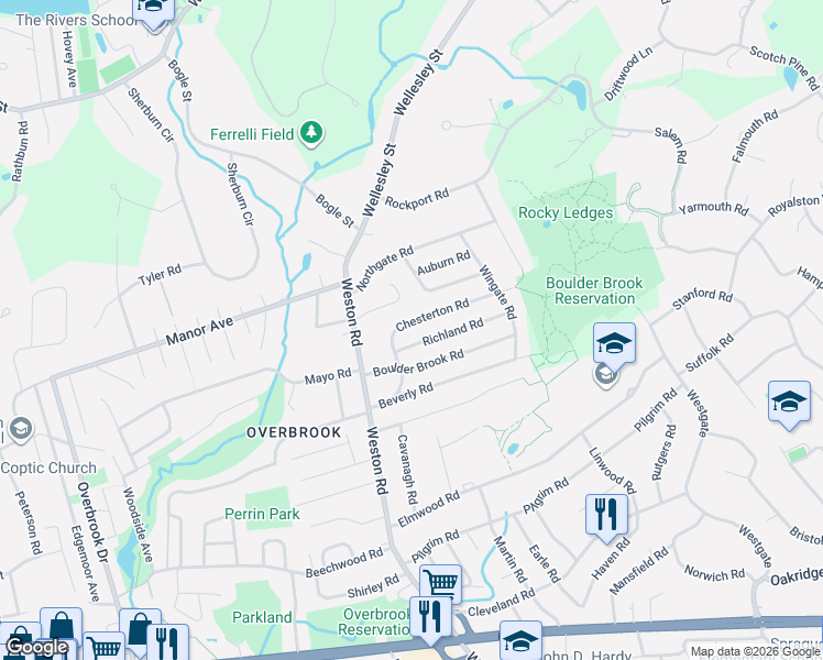 map of restaurants, bars, coffee shops, grocery stores, and more near 41 Chesterton Road in Wellesley