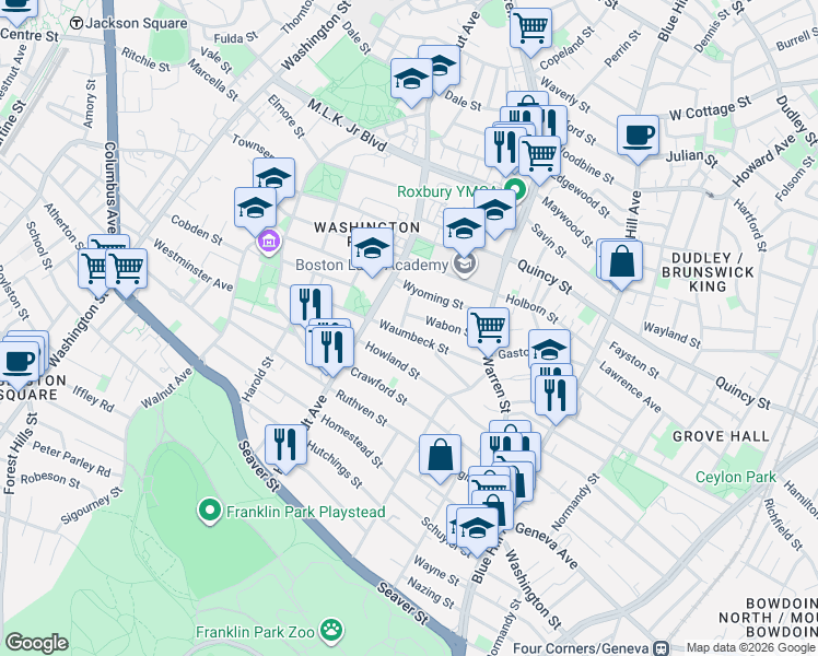 map of restaurants, bars, coffee shops, grocery stores, and more near 33 Waumbeck Street in Boston