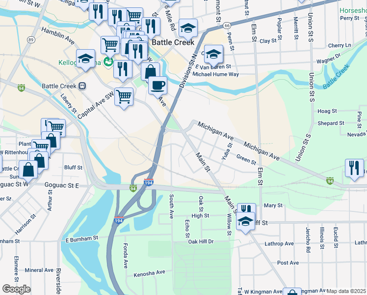 map of restaurants, bars, coffee shops, grocery stores, and more near South Jay Street in Battle Creek