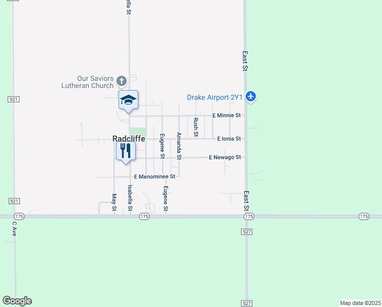 map of restaurants, bars, coffee shops, grocery stores, and more near 406 East Ionia Street in Radcliffe