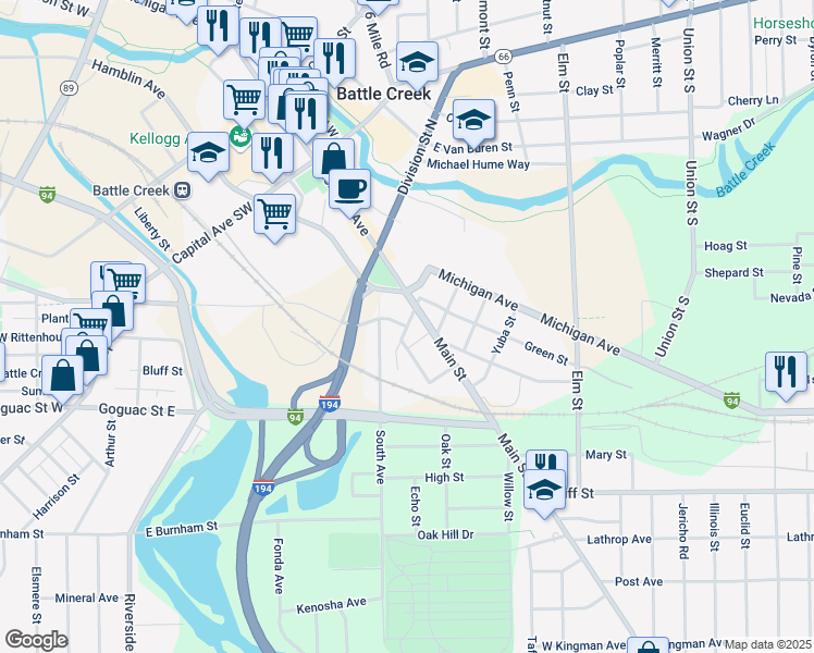 map of restaurants, bars, coffee shops, grocery stores, and more near South Jay Street in Battle Creek