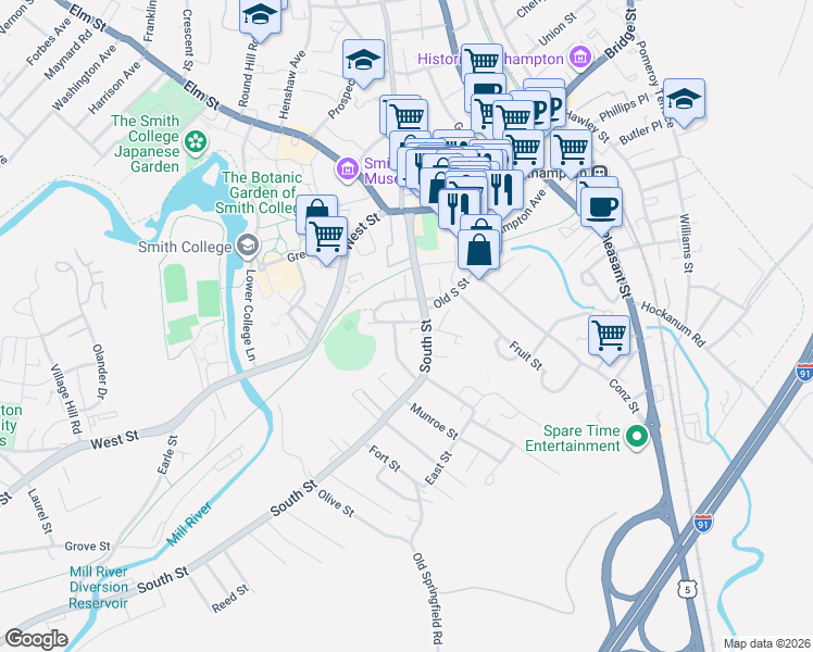 map of restaurants, bars, coffee shops, grocery stores, and more near 32 Clark Avenue in Northampton
