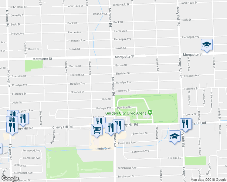 map of restaurants, bars, coffee shops, grocery stores, and more near Florence Street in Garden City