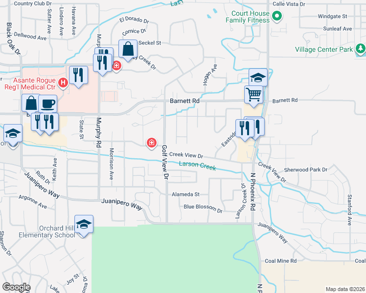 map of restaurants, bars, coffee shops, grocery stores, and more near 726 Cherrywood Drive in Medford