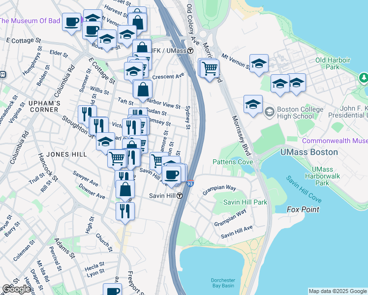 map of restaurants, bars, coffee shops, grocery stores, and more near 79 Saxton Street in Boston