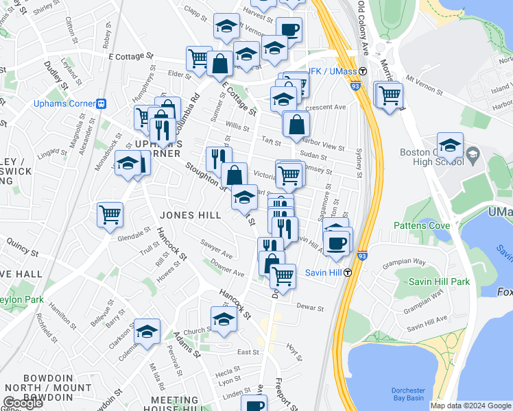 map of restaurants, bars, coffee shops, grocery stores, and more near 54 Pleasant Street in Boston