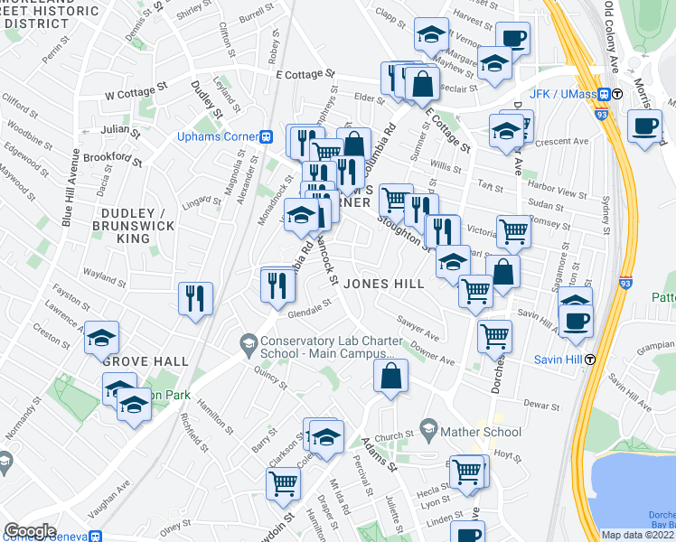 map of restaurants, bars, coffee shops, grocery stores, and more near 14 Upham Avenue in Boston