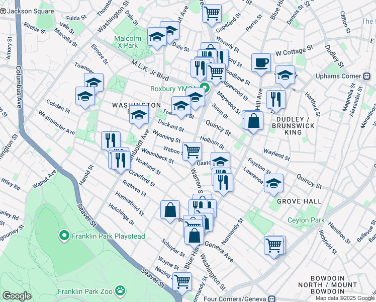 map of restaurants, bars, coffee shops, grocery stores, and more near 489 Warren Street in Boston