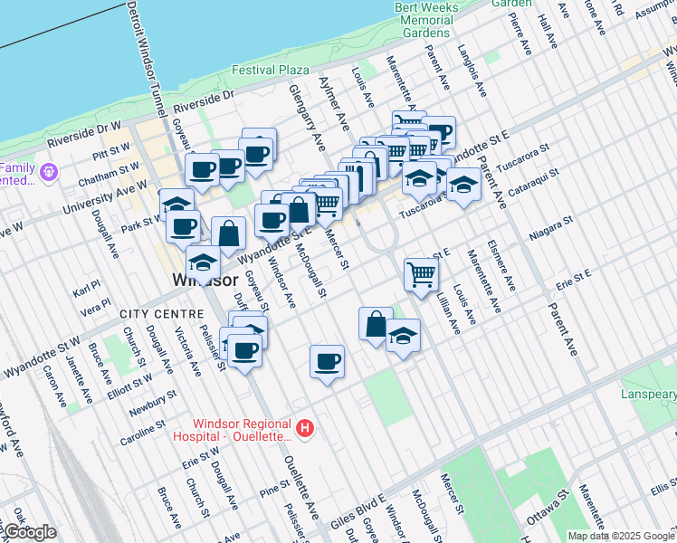 map of restaurants, bars, coffee shops, grocery stores, and more near 379 Tuscarora Street in Windsor
