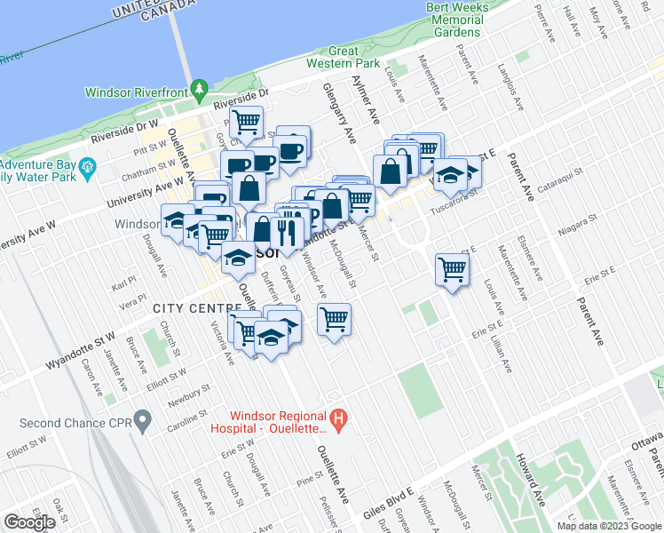 map of restaurants, bars, coffee shops, grocery stores, and more near in Windsor