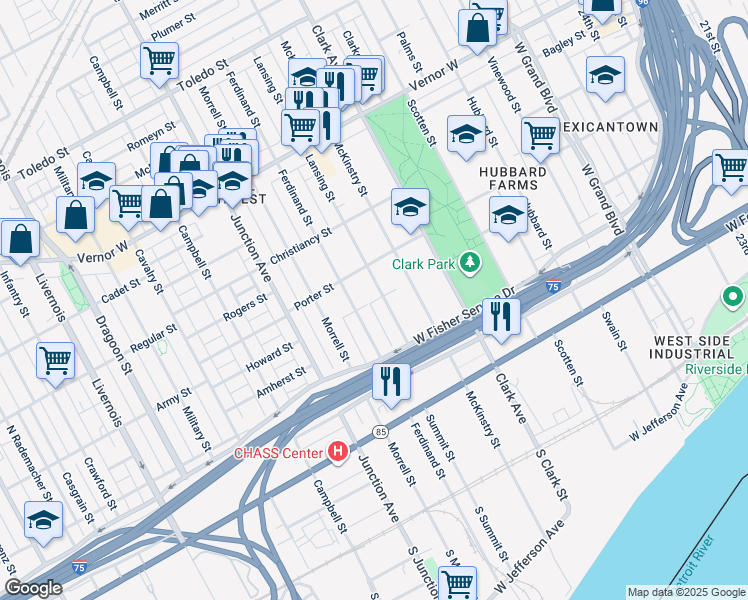 map of restaurants, bars, coffee shops, grocery stores, and more near 1245 Lansing Street in Detroit
