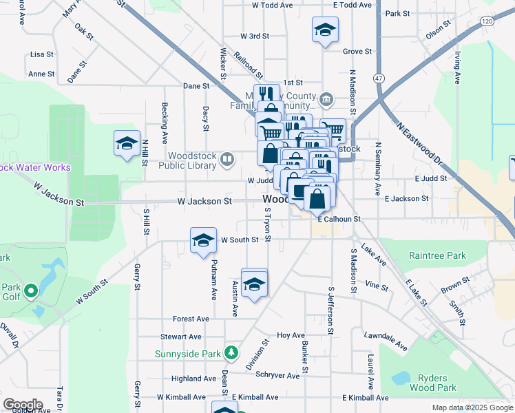 map of restaurants, bars, coffee shops, grocery stores, and more near 304 West Jackson Street in Woodstock