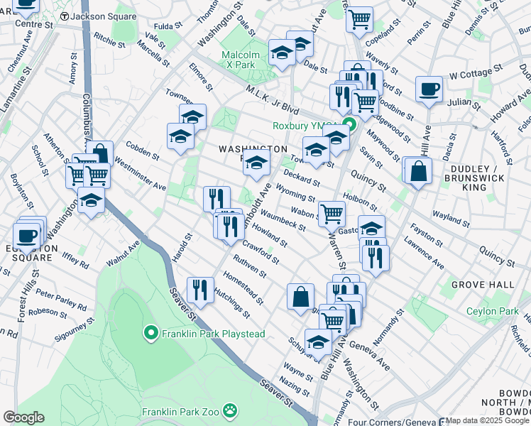 map of restaurants, bars, coffee shops, grocery stores, and more near Waumbeck Street in Boston