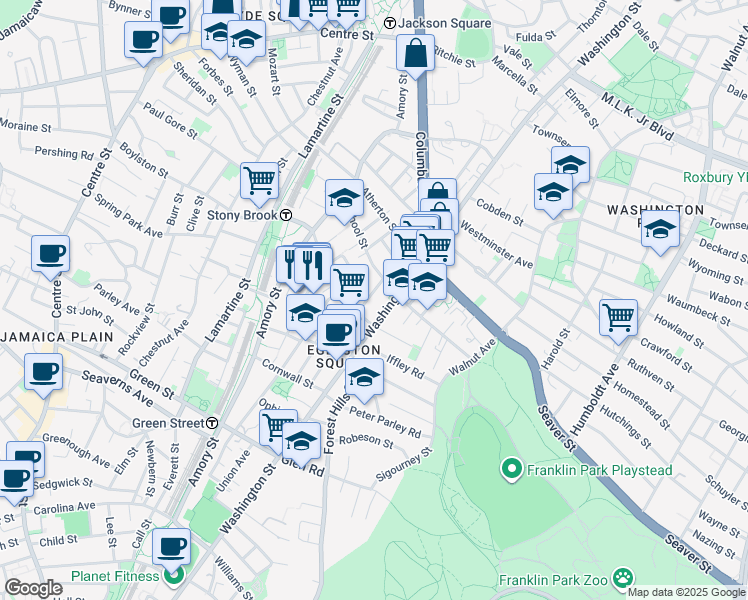 map of restaurants, bars, coffee shops, grocery stores, and more near 18 Egleston Street in Jamaica Plain