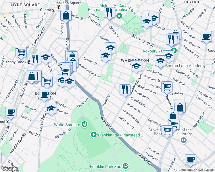 map of restaurants, bars, coffee shops, grocery stores, and more near 18-20 Abbotsford Street in Boston