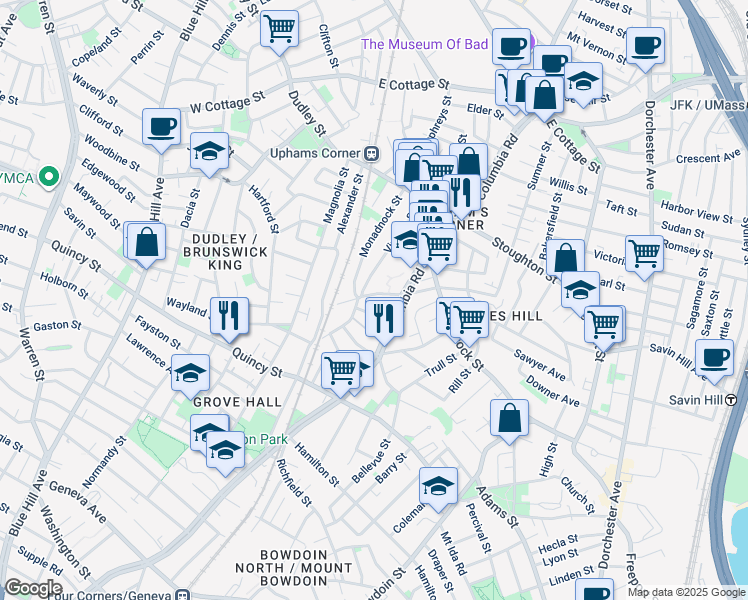 map of restaurants, bars, coffee shops, grocery stores, and more near 56 Virginia Street in Boston