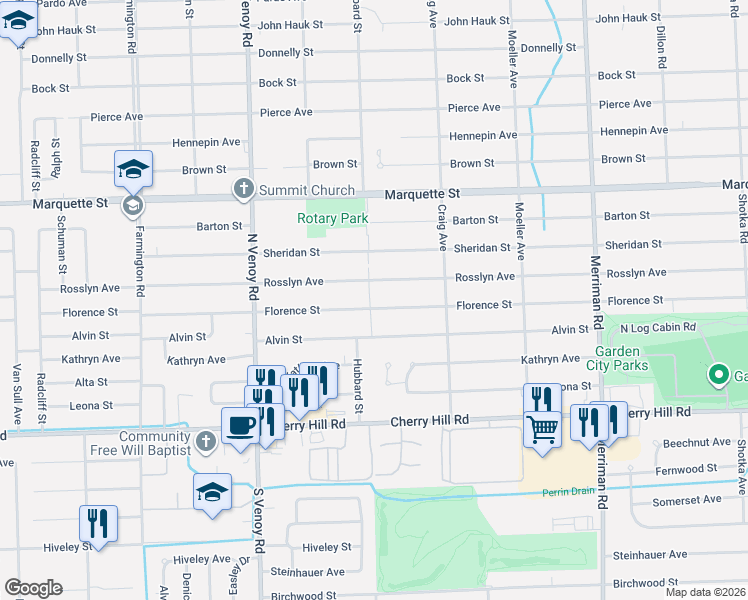 map of restaurants, bars, coffee shops, grocery stores, and more near 32325 Rosslyn Avenue in Garden City