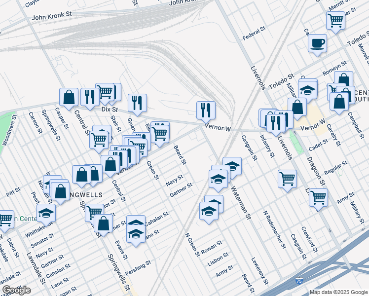 map of restaurants, bars, coffee shops, grocery stores, and more near 6807 Vernor Highway in Detroit