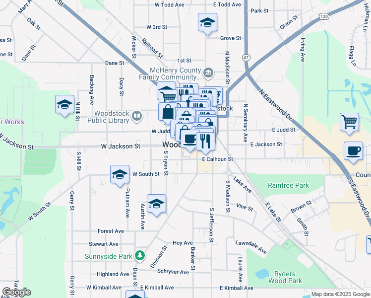 map of restaurants, bars, coffee shops, grocery stores, and more near in Woodstock