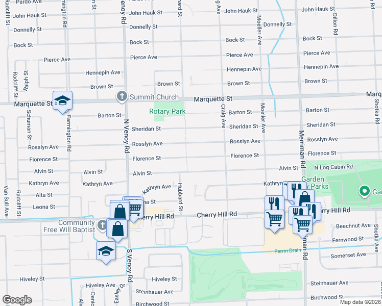 map of restaurants, bars, coffee shops, grocery stores, and more near 32325 Rosslyn Avenue in Garden City