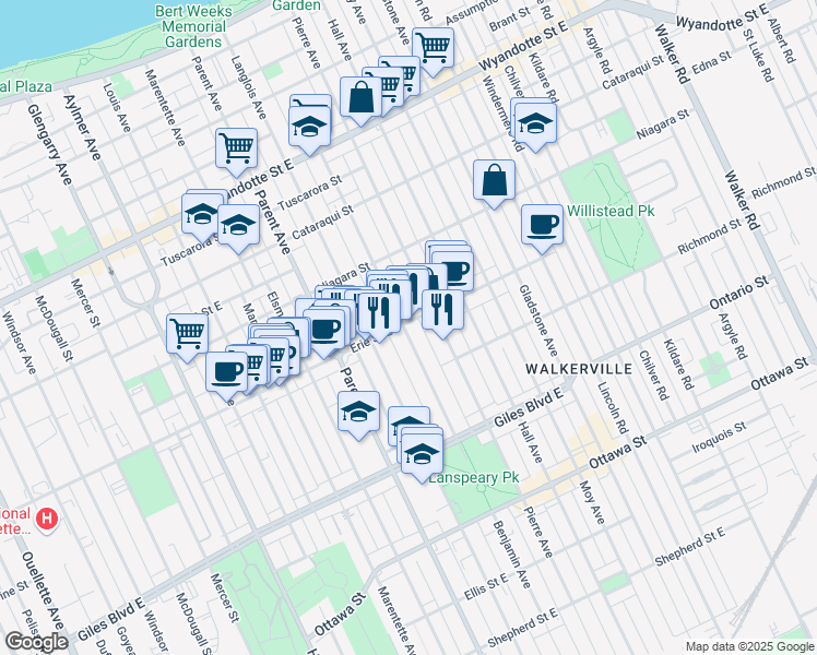 map of restaurants, bars, coffee shops, grocery stores, and more near 1101 Erie Street East in Windsor