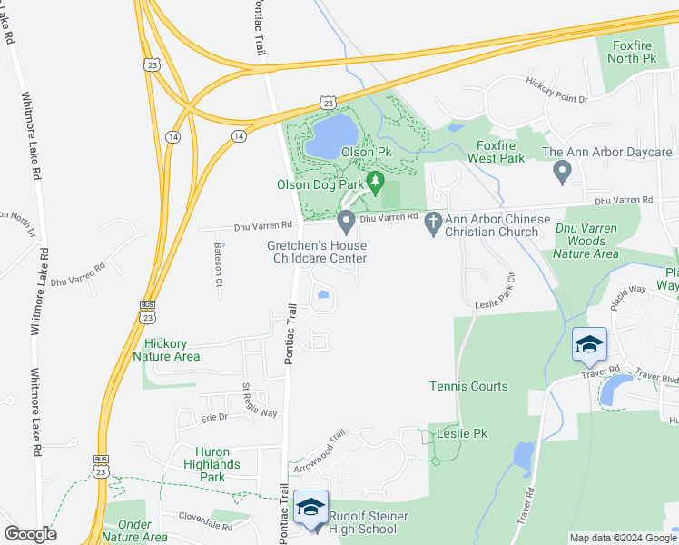 map of restaurants, bars, coffee shops, grocery stores, and more near 2918 North Knightsbridge Circle in Ann Arbor