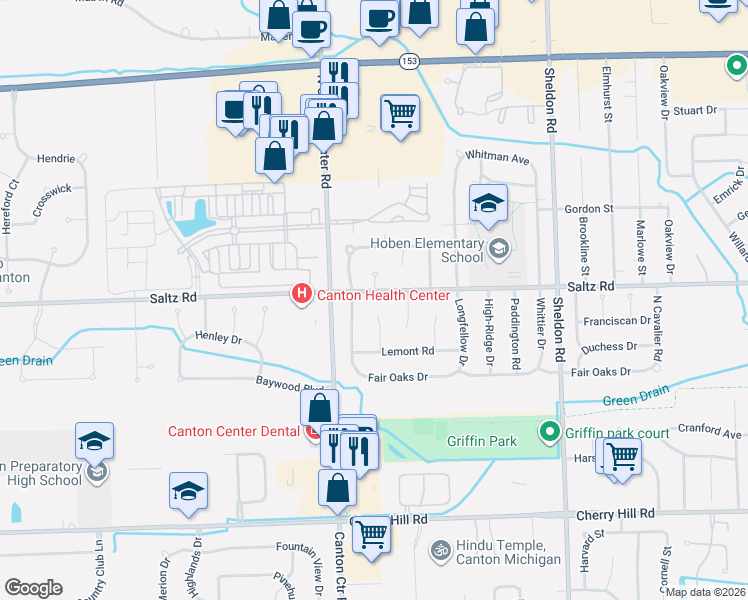 map of restaurants, bars, coffee shops, grocery stores, and more near 45166 Saltz Road in Canton