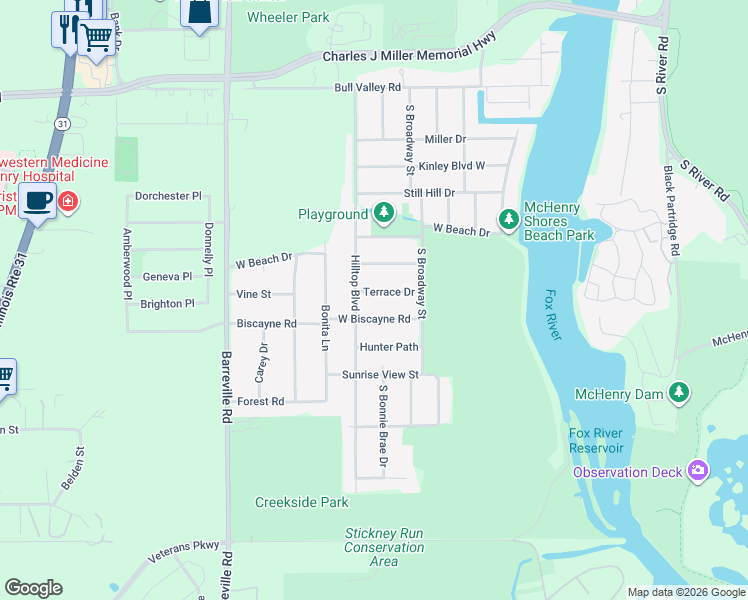 map of restaurants, bars, coffee shops, grocery stores, and more near 3216 Terrace Drive in McHenry