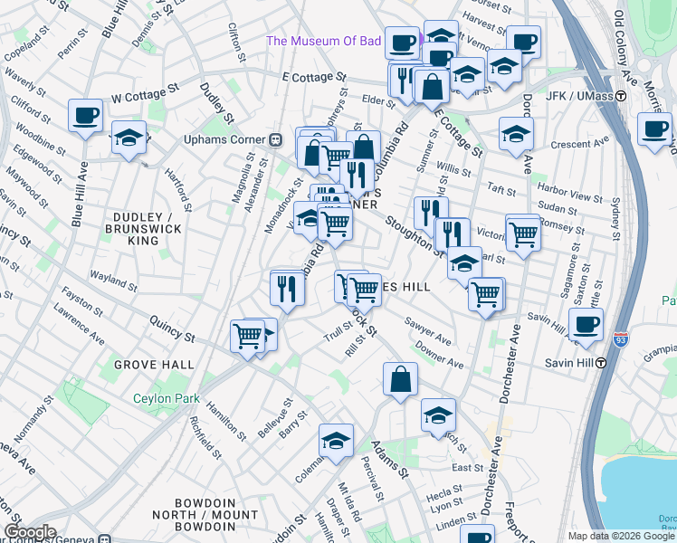map of restaurants, bars, coffee shops, grocery stores, and more near 38 Hancock Street in Boston
