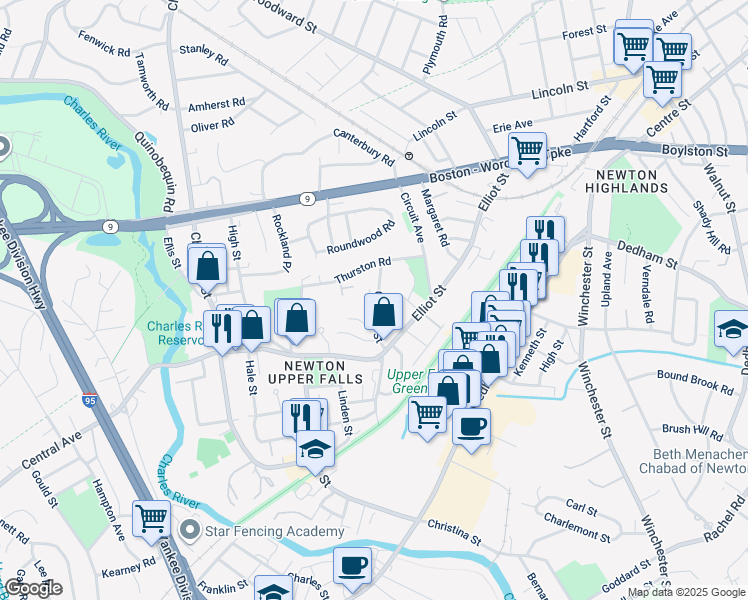 map of restaurants, bars, coffee shops, grocery stores, and more near 35 Cottage Street in Newton