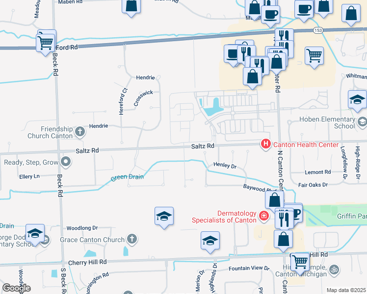 map of restaurants, bars, coffee shops, grocery stores, and more near 46566 Saltz Road in Canton
