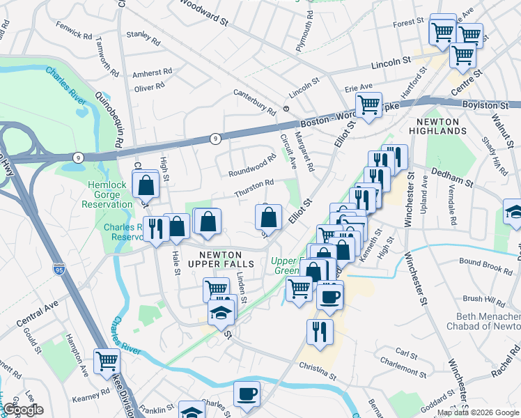 map of restaurants, bars, coffee shops, grocery stores, and more near 35 Cottage Street in Newton