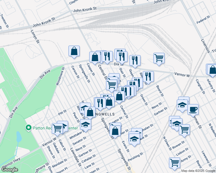 map of restaurants, bars, coffee shops, grocery stores, and more near 2552 Central Avenue in Detroit
