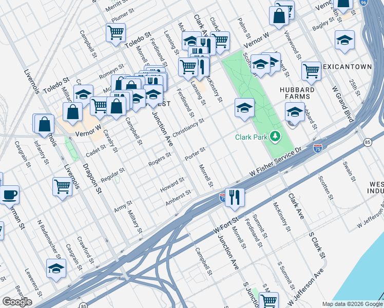 map of restaurants, bars, coffee shops, grocery stores, and more near 1439 Morrell Street in Detroit