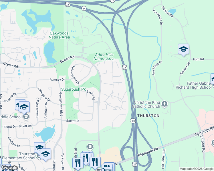 map of restaurants, bars, coffee shops, grocery stores, and more near 3363 Burbank Drive in Ann Arbor