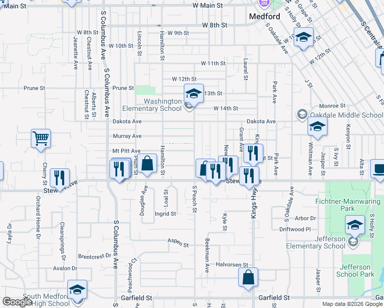 map of restaurants, bars, coffee shops, grocery stores, and more near 818 South Peach Street in Medford