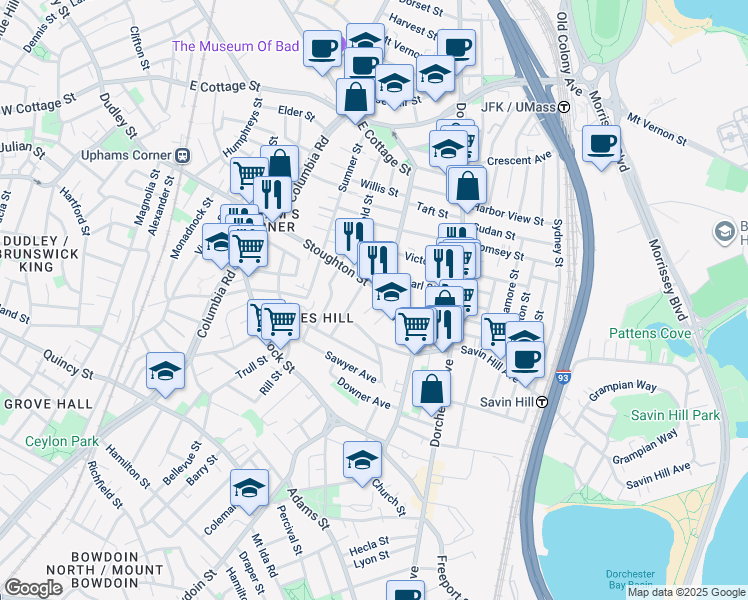 map of restaurants, bars, coffee shops, grocery stores, and more near 129 Stoughton Street in Boston