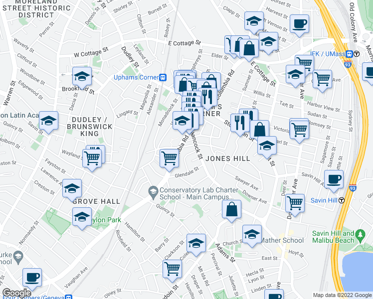 map of restaurants, bars, coffee shops, grocery stores, and more near 507-509 Columbia Road in Boston