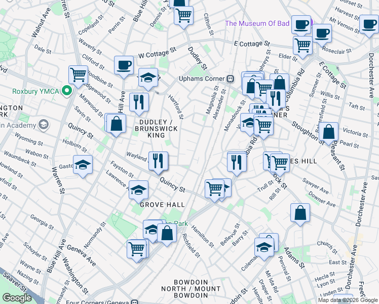 map of restaurants, bars, coffee shops, grocery stores, and more near 106 Magnolia Street in Boston