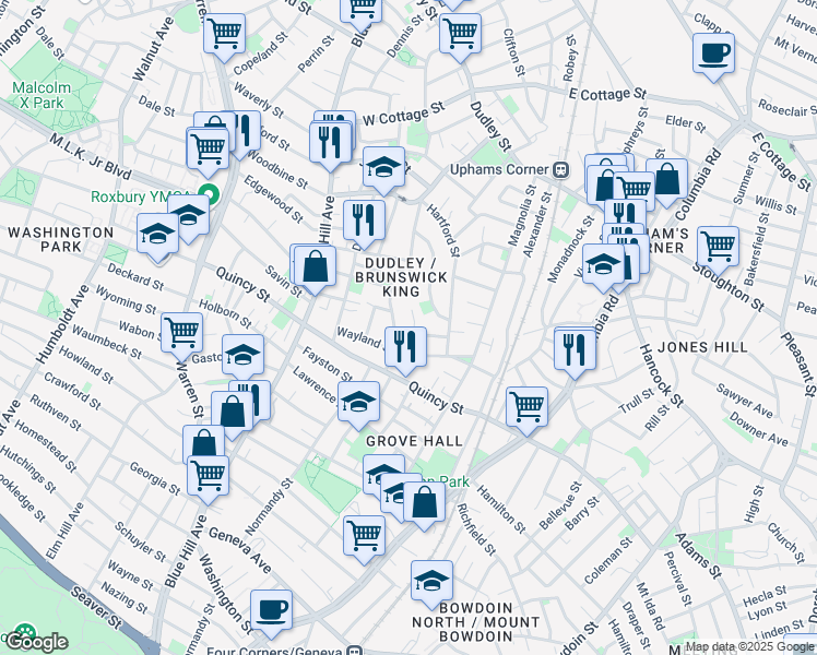 map of restaurants, bars, coffee shops, grocery stores, and more near 96 Woodledge Street in Boston