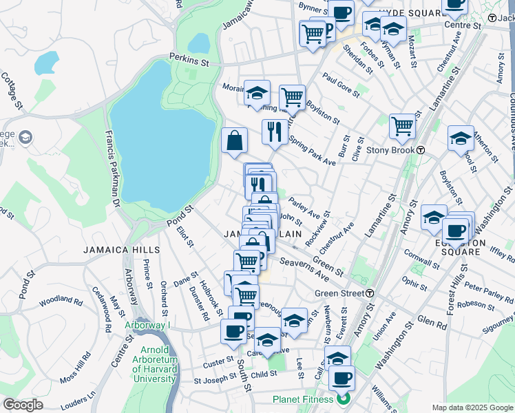 map of restaurants, bars, coffee shops, grocery stores, and more near 21 Pond Street in Boston