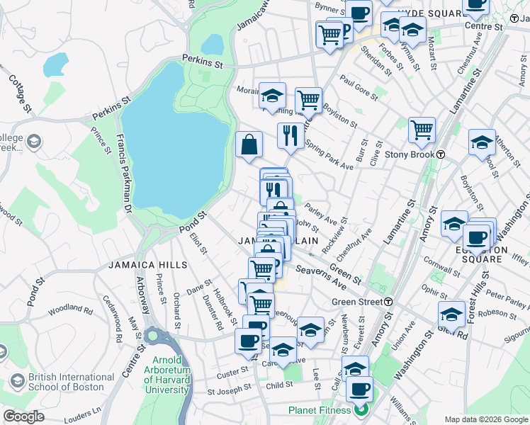 map of restaurants, bars, coffee shops, grocery stores, and more near 21 Pond Street in Boston