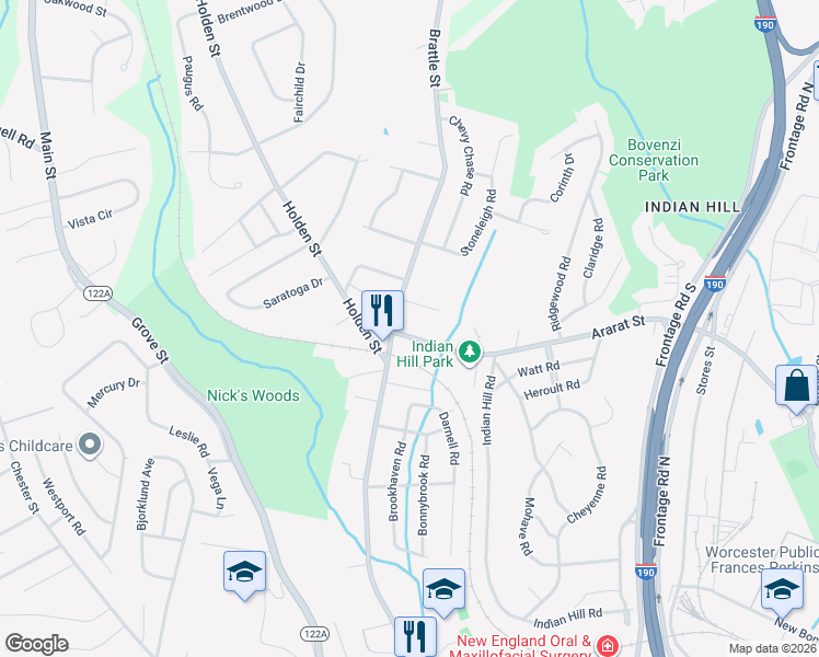 map of restaurants, bars, coffee shops, grocery stores, and more near 17 Brattle Street in Worcester