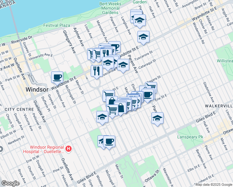 map of restaurants, bars, coffee shops, grocery stores, and more near in Windsor