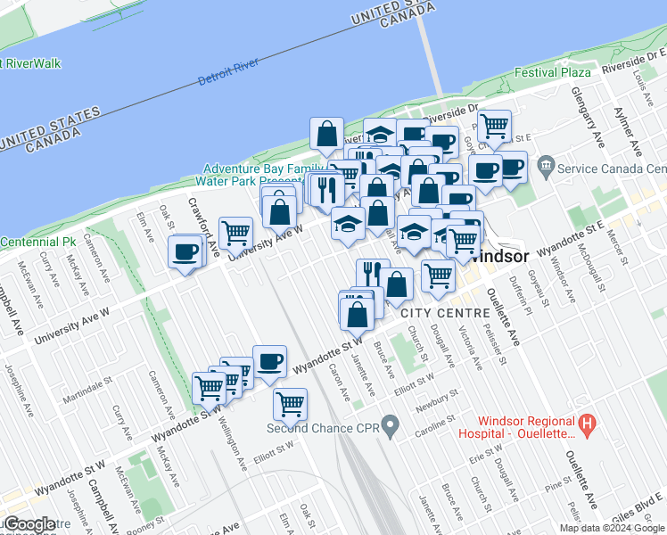 map of restaurants, bars, coffee shops, grocery stores, and more near 391 Bruce Avenue in Windsor