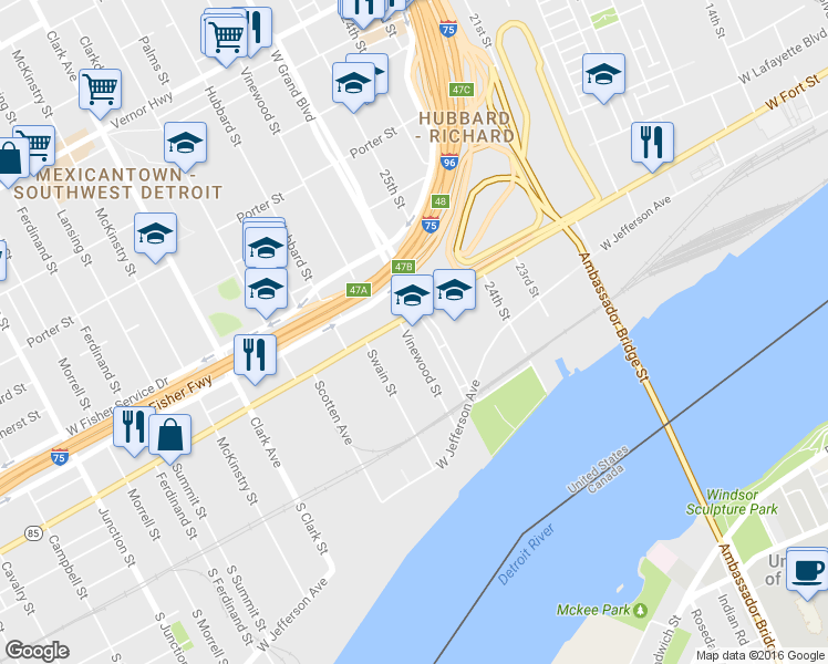 map of restaurants, bars, coffee shops, grocery stores, and more near 133 W Grand Blvd in Detroit