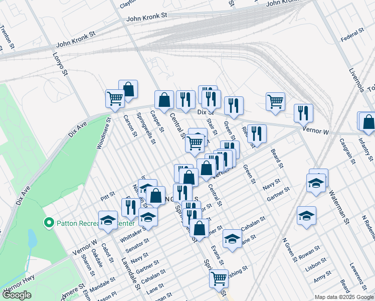 map of restaurants, bars, coffee shops, grocery stores, and more near 2552 Central Avenue in Detroit